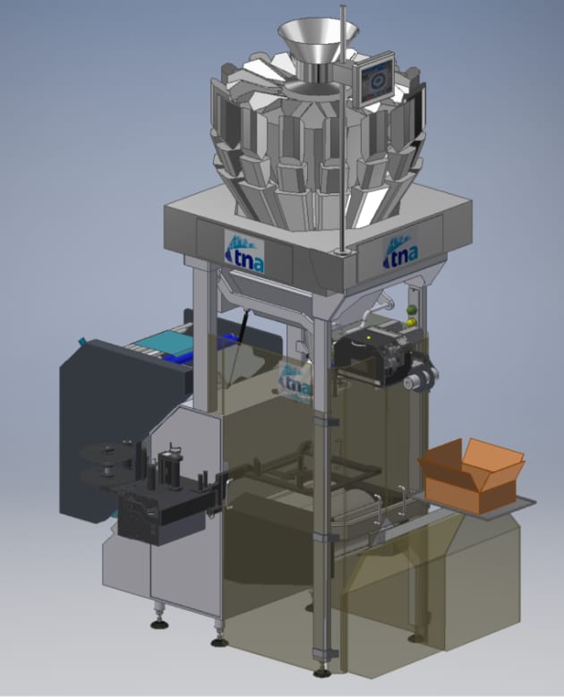 tna's new VFFS packaging system with integrated labeller and inserter.